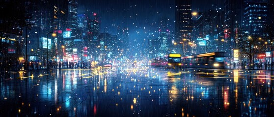 Obraz premium City street at night with rain and glowing lights