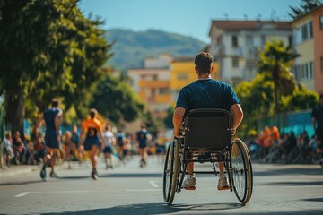 Obraz premium Disabled athlete pushing wheelchair in marathon with runners