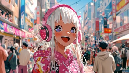 Cheerful girl with long white hair wearing pink headphones in a bustling city street filled with colorful signs and vibrant crowd atmosphere