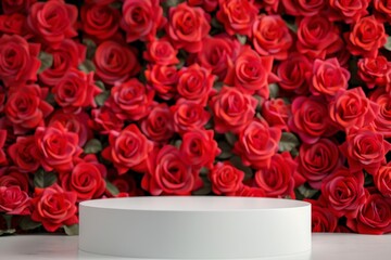 Elegant white podium in front of vibrant red rose backdrop