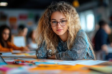 Fototapeta premium Young designer woman leaning on desk working in modern office