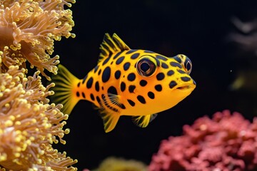 Whimsical Yellow and Black Spotted Fish Swimming Among Colorful Coral Reefs in a Vibrant Underwater Ecosystem Teeming with Marine Life