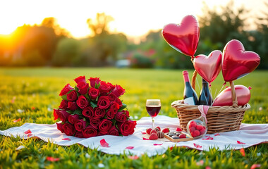 An outdoor Valentine's Day picnic at sunset in a lush garden, with a blanket spread over soft grass. Red roses arranged in a bouquet are surrounded by heart-shaped balloons and a basket filled 