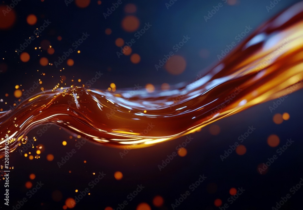 Poster flowing liquid with bright orange hues and shimmering particles against a dark background, creating 