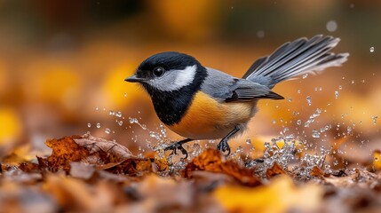 Obraz premium Beautiful Bird Splashing Water Among Vibrant Yellow Leaves in Autumn Setting, Capturing Nature's Splendor and the Joy of Wildlife Photography