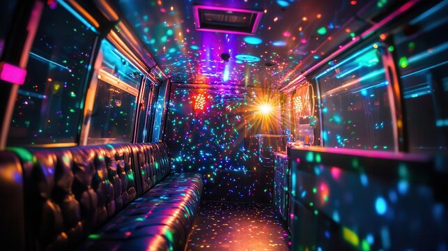 Disco-lit party bus interior, vibrant colors. Perfect for nightlife, events, and travel themes.