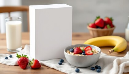 Breakfast Cereal Mockup: A clean and inviting breakfast scene featuring a bowl of oatmeal topped with fresh strawberries and blueberries, milk, banana, and a blank box for branding or product display.