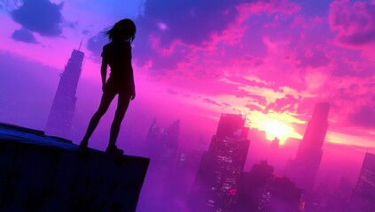 Fototapeta premium Silhouette of a Young Woman Standing on a Rooftop at Sunset Over a Vibrant Cityscape with Purple and Pink Skies