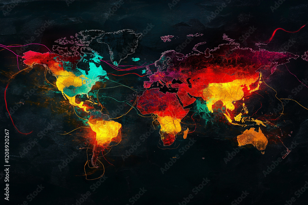 Poster abstract world map with glowing lines light technology