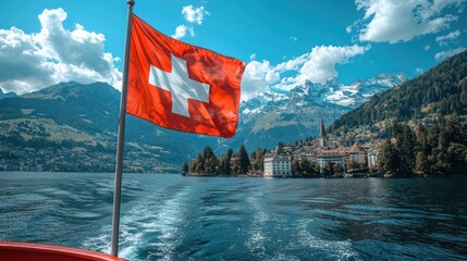 Scenic view of a Swiss flag on a boat with mountains and a lakeside village in the background.