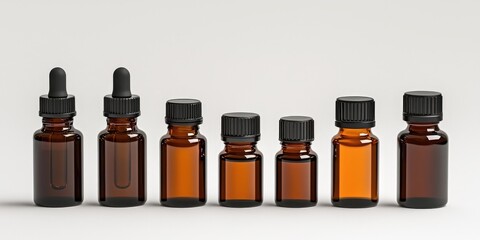 Collection of amber glass bottles with black lids arranged in a line.