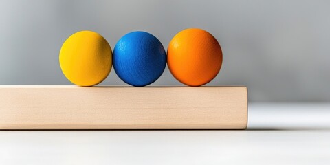 Colorful balls balanced on a wooden block, symbolizing stability and creativity.