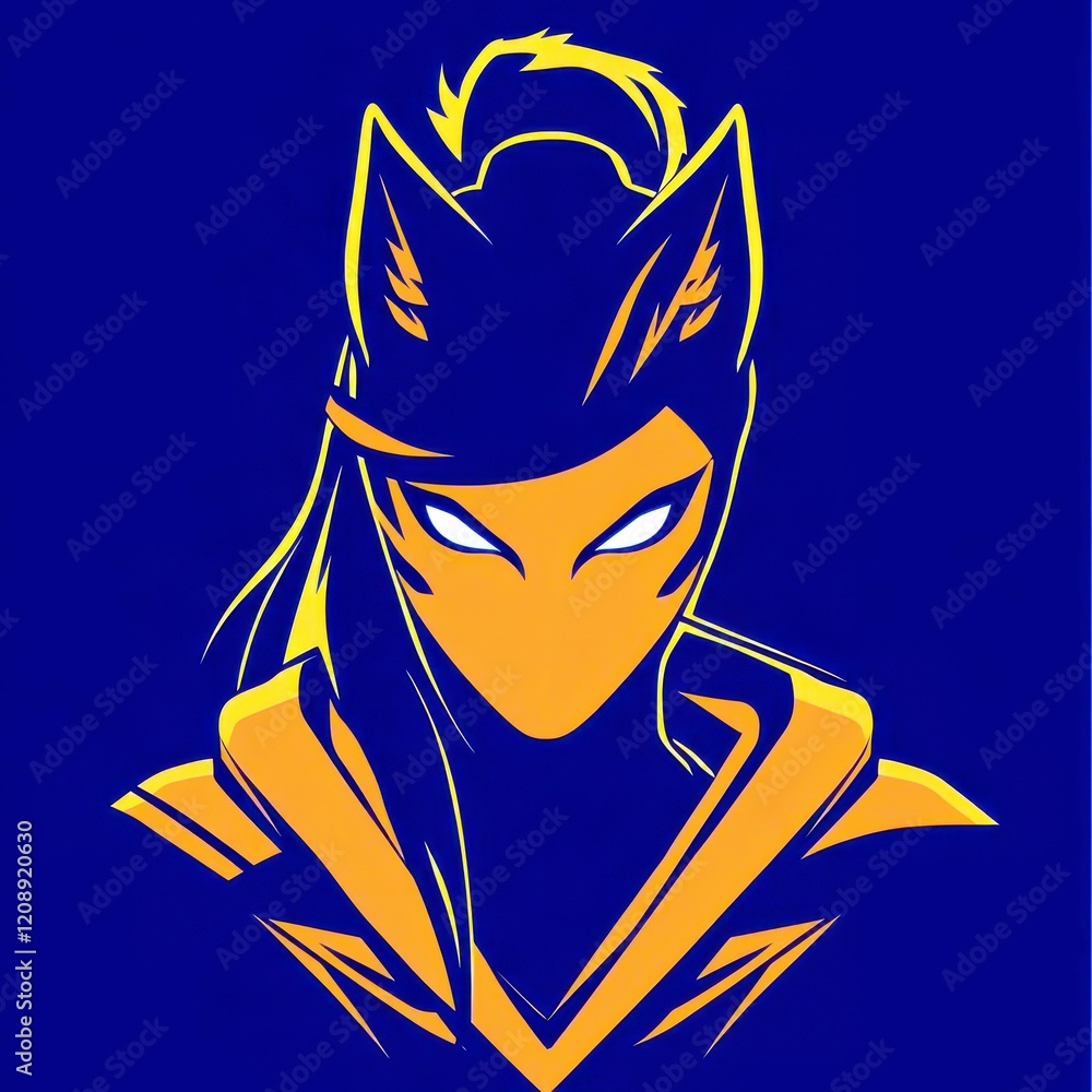 Poster mysterious and intriguing character with cat-like features and bold colors set against a vibrant blu
