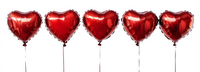 Obraz premium Four Red Heart Shaped Balloons Arranged in a Row