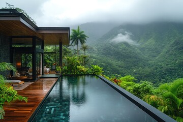 Fototapeta premium Modern house with infinity pool overlooking tropical rainforest mountains