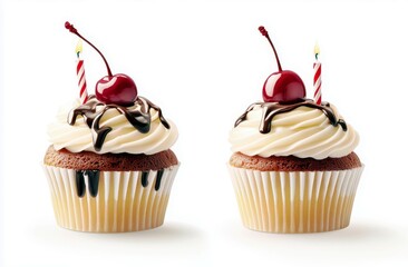 Delightful Cupcakes with Whipped Cream Topping and Candles, Perfect for Celebrations and Parties, Isolated on White Background