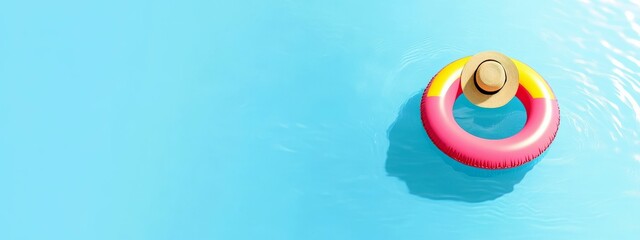 Obraz premium Bright Summer Pool Scene with Colorful Float and Straw Hat in Tranquil Blue Water Background for Vacation and Leisure Imagery