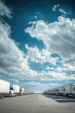 Endless Road of White Semi Trucks Under a Dramatic Sky