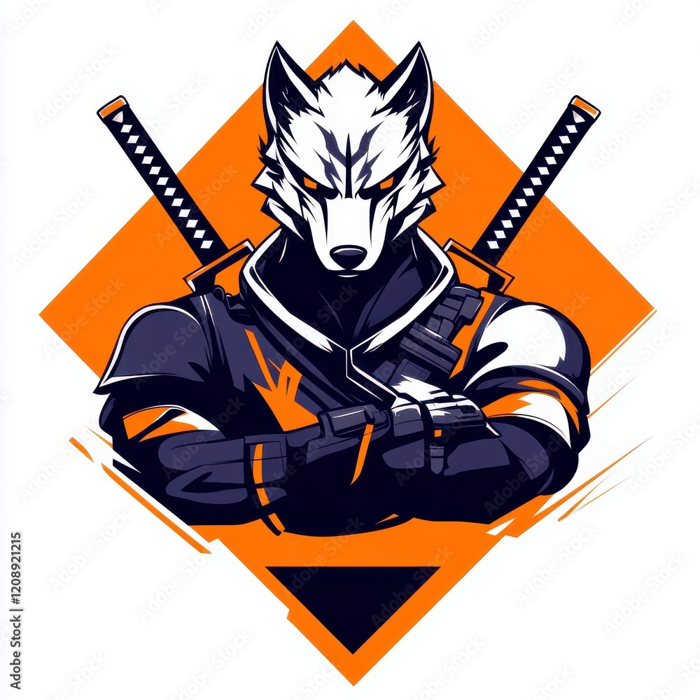 Aufkleber fearsome wolf warrior character design with dual swords in a dynamic orange and black color scheme f