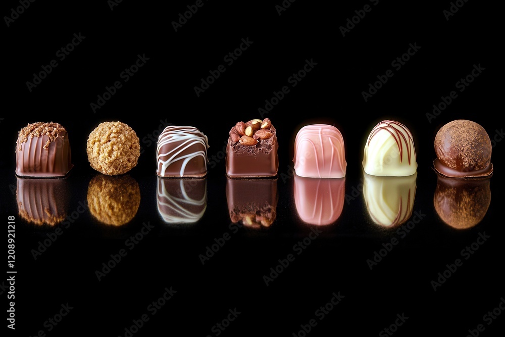 Poster An Array of Gourmet Chocolate Confections Displayed Elegantly on a Reflective Surface with Black Background