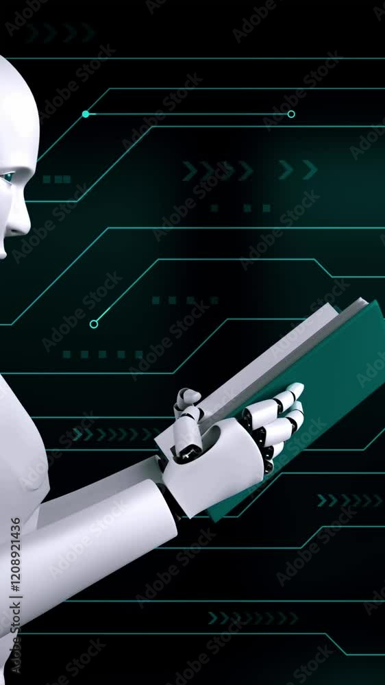 Poster 3d rendering of robot hominoid reading book in concept of future artificial intelligence and 4th fou