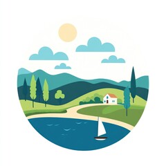 Lakeside House Scenic View with Sailboat and Mountains