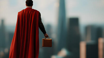 Businessman Superhero with Red Cape Holding Briefcase