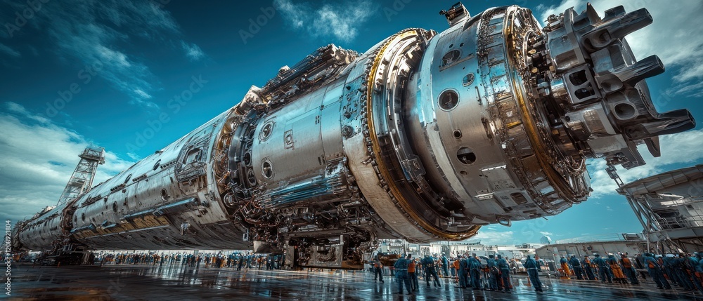 Poster large rocket engine on display with workers at launch site