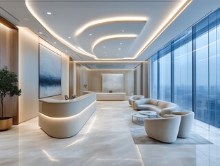 Modern luxury office reception area with waiting lounge.