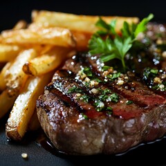 A close-up of an artistically arranged steak and fries on a plate, showcasing details like juicy meat, crisp French fries with golden-brown edges, and fresh herbs for garnish
