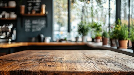 Obraz premium A cozy caf? interior featuring a wooden table and lush plants by large windows.