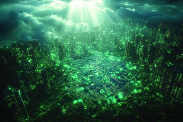 Futuristic cityscape illuminated by green lights amidst clouds