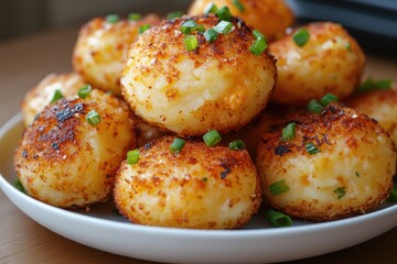 Fototapeta premium Fried potato pancakes sprinkled with chopped chives resting on dark plate