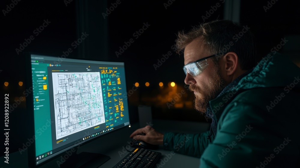 Poster engineer analyzing blueprints on computer at night