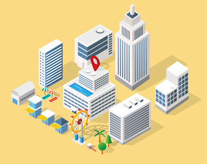 buildings collection with cafe hotel resort for beach area isometric illustration