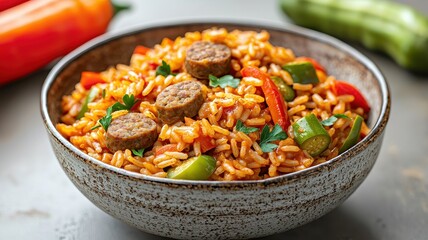 A vibrant bowl of rice dish featuring colorful vegetables and sausage, garnished with herbs, showcasing a delicious and hearty meal.