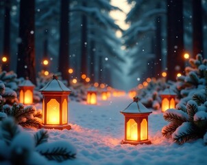 Softly glowing lanterns amidst a forest of pine branches and snowy pine needles, evergreen, sparkly