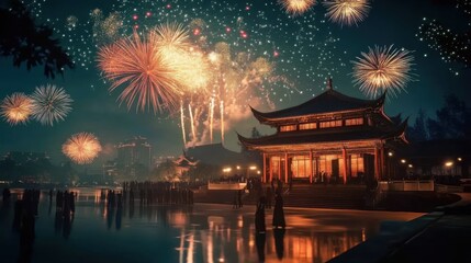 Fireworks and Joy: A Capture of Chinese New Year Fireworks Display Against Chinese city setting