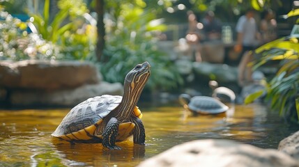Turtle stretching its neck in a pond with visitors in the background