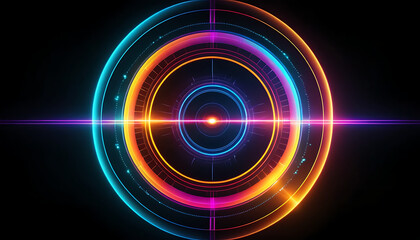 Abstract Retro Sci-Fi Neon bright lens flare colored on black background. Laser show colorful design for banners advertising technologies. Retro style ... See More