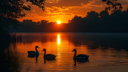 a serene sun set over a quiet lake with ducks swimming ai 