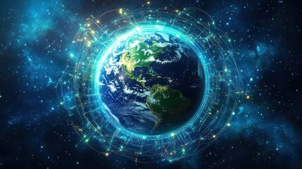 Fototapeta premium Earth surrounded by glowing digital connections in space