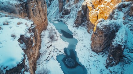 Partially frozen river flowing through snowy canyon at sunset