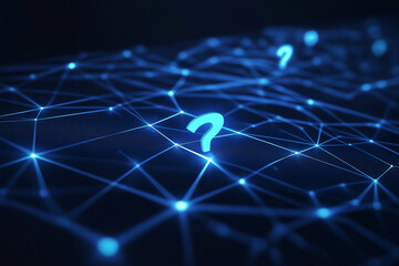 Abstract technology background with digital wireless network concept and blue question mark on the screen, with connection lines in dark color