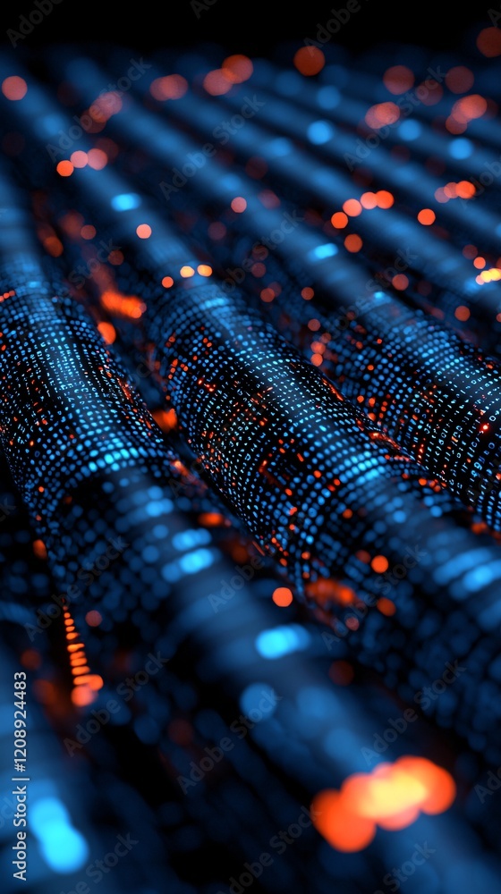 Poster conceptual art showcasing information data security, locked digital vaults, encryption patterns, glo