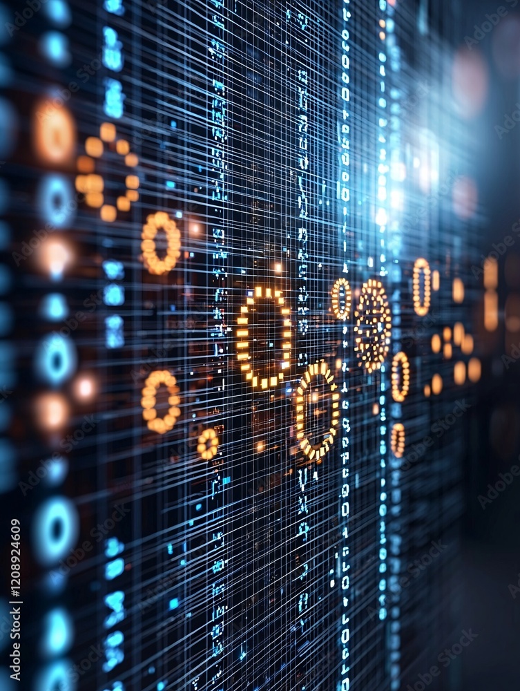 Poster visualization of information data analysis, vibrant data charts, binary code merging into graphs, im