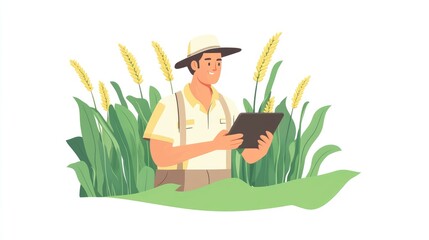 Farmer man in corn field works with computer, Business Farm. Agriculture concept. Farmer with computer tablet in green corn field. Modern digital technologies, Worker works on farm. 