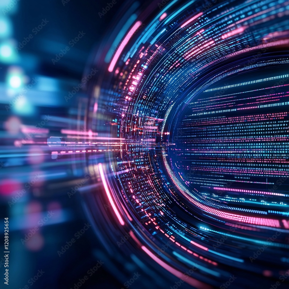 Poster modern artistic depiction of data analysis systems, intricate glowing data grids, fluid dynamic flow