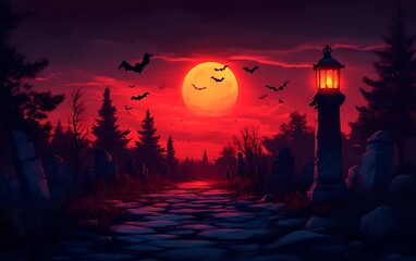 Halloween night scene with a path, red moon, bats, and lanterns.