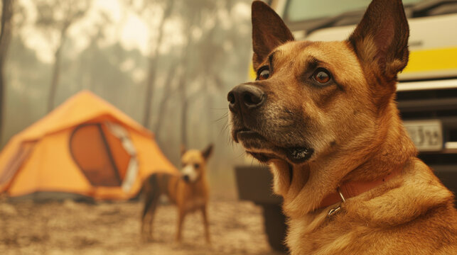 A concerned dog stands near a tent in a smoky environment, showcasing a somber scene amidst a backdrop of wilderness.